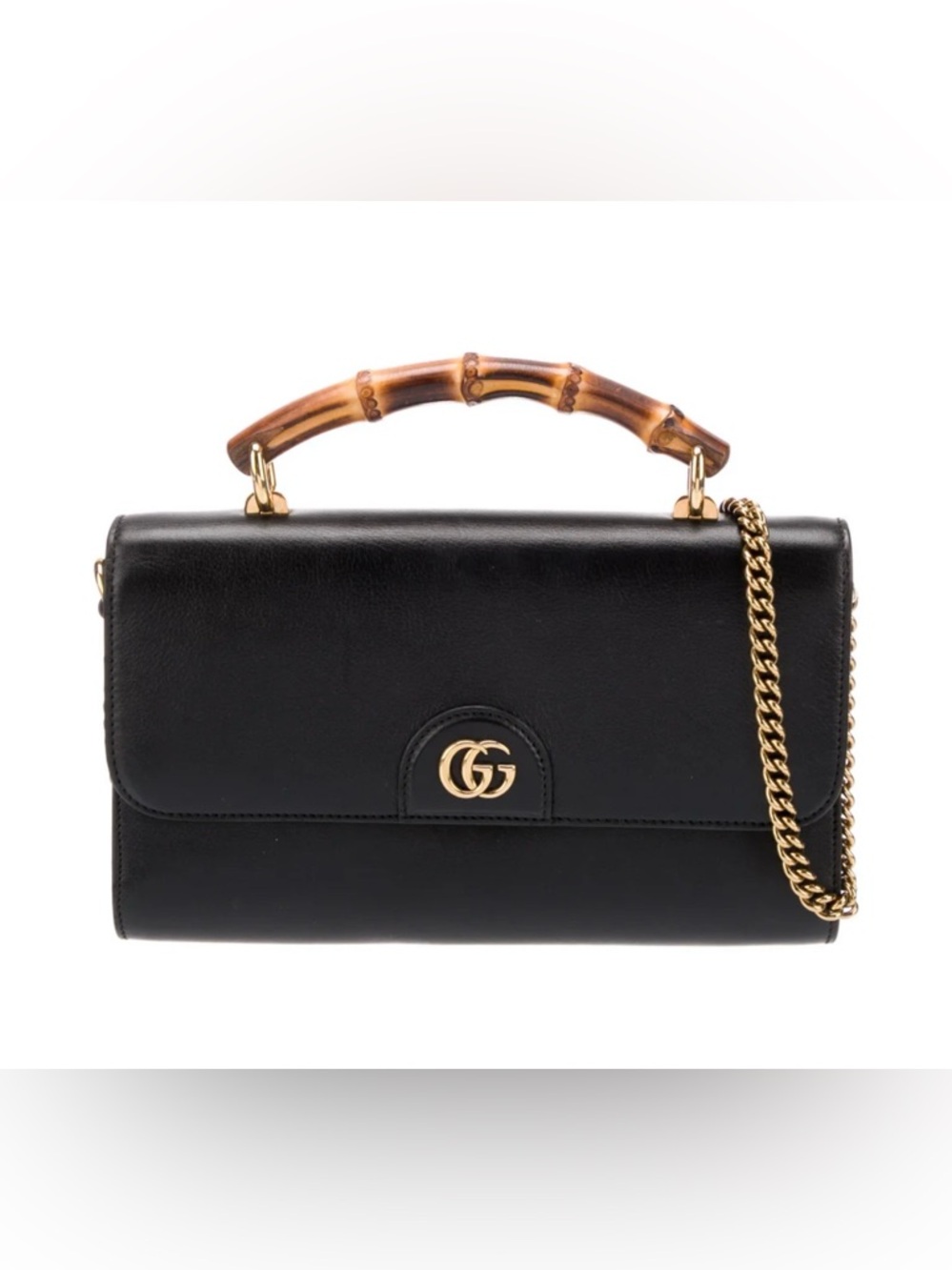 Gucci Black Leather Clutch with Bamboo Top Handle and Gold Chain